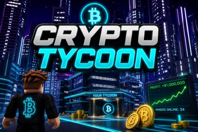 Crypto Tycoon key art: the logo over a neon city