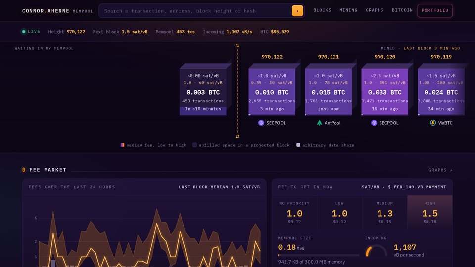 My custom mempool explorer: live projected and mined blocks, fee market and mining stats from my node