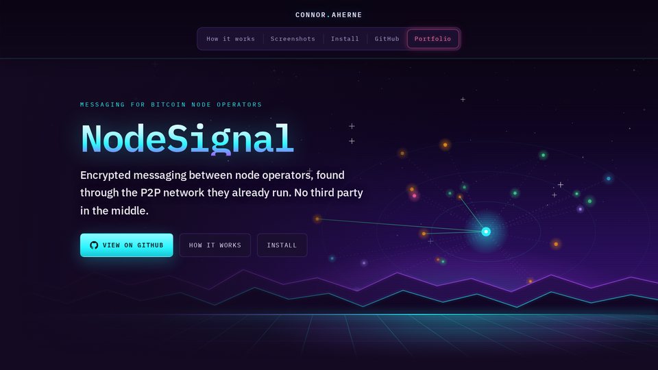 The NodeSignal project page: a constellation of node peers over a neon horizon, with the one-line pitch